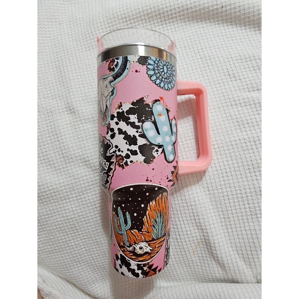 Western Desert Cactus Cow Print Pink Insulated 40oz Tumbler with Handle